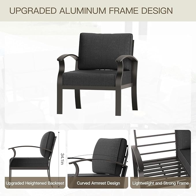 Aluminum Patio Furniture Set with 55,000 BTU Propane Fire Pit Table,5 Seats Metal Modern Outdoor Furniture w/5.1" Cushions,Patio Sectional for Backyard,Patio,Black