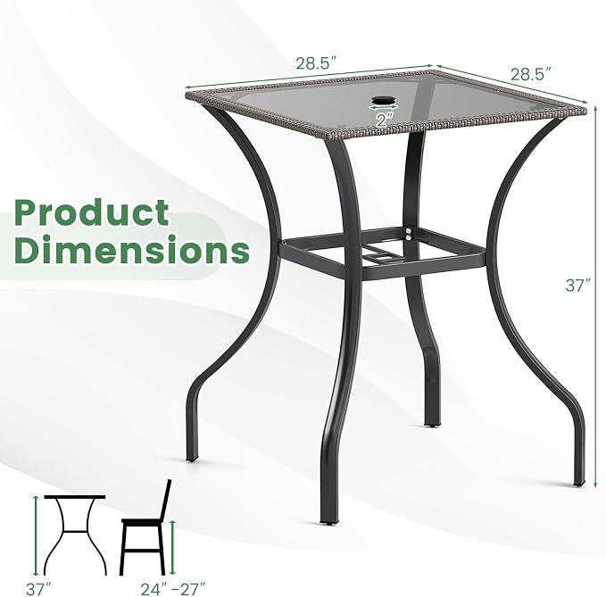 HAPPYGRILL Patio Bar Table, 28.5 x 28.5 inch Outdoor Bar Height Dining Table with Rattan Edge & Heavy-Duty Metal Legs, 2 inch Umbrella Hole, Square Bistro Bar Table for Poolside, Backyard, Balcony