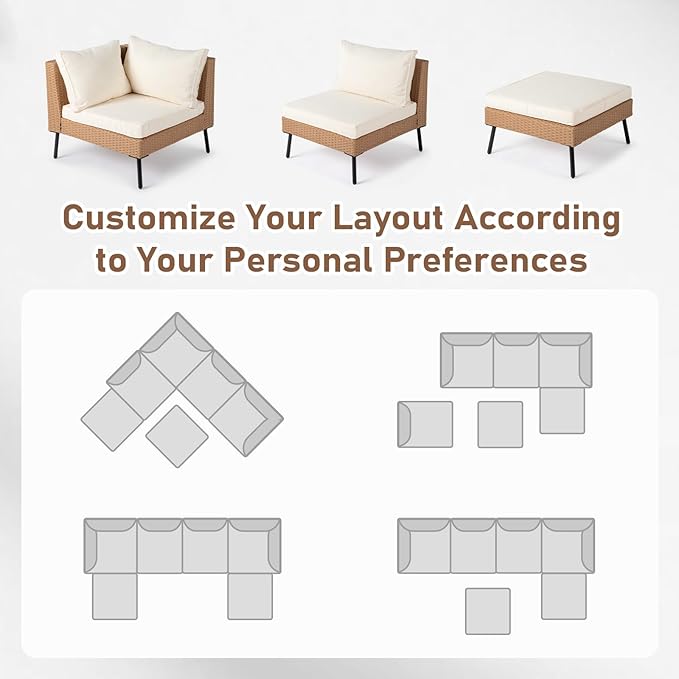 Outvita 6 Pieces Patio Furniture Set, All-Weather Outdoor Sectional Patio Sofa PE Rattan Manual Weaving Wicker Conversation Set with Ottoman & Adjustable Feet & Pillow & Seat Cushion, White & Yellow