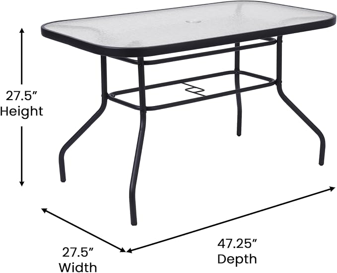 Flash Furniture Tory Rectangle Patio Table with Umbrella Hole, Commercial All-Weather Table with Heat Resistant Tempered Glass, Steel Tube Frame, 27.5x47.25, Black