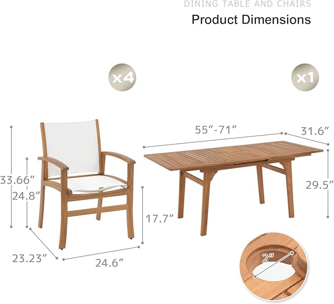 SUNSITT 5-Piece Outdoor Patio Dining Set, 55" - 71" Acacia Wood Expandable Table & 4 Breathable Textilene Mesh Chairs, All-Weather Patio Furniture w/Umbrella Hole for Backyard, Deck, Garden, White