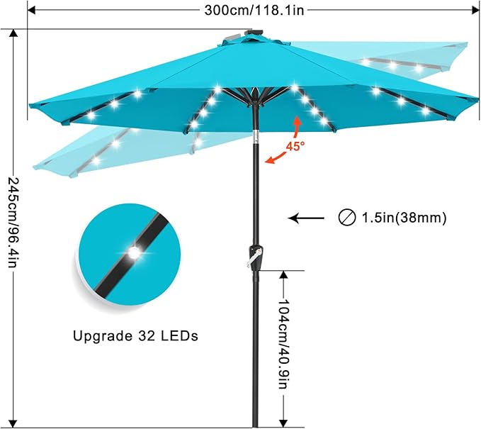 ABCCANOPY Durable Solar Led Patio Umbrellas with 32LED Lights 10FT (Turquoise)