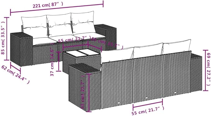 vidaXL Patio Sofa Set with Cushions 7 Piece, Outdoor Conversation Set, Sectional Sofa for Balcony Garden, Patio Furniture, Black Poly Rattan