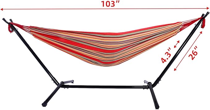 Hammock with Stand for Outside, 250lbs Portable Hammock, Heavy Duty Metal Frame, Breathable & Comfortable, Outdoor Gear, Easy to Setup, Hammocks for Camping, Hiking, Travel, Backpacking, Red Stripes
