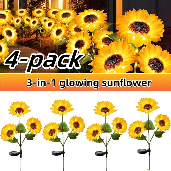 2026 Upgraded Solar Garden Lights, 4-Pack 12 Sunflowers Outdoor Waterproof Solar Lights, 27” Tall Auto On/Off Solar Flowers Lights for Garden Patio Yard Backyard Decor