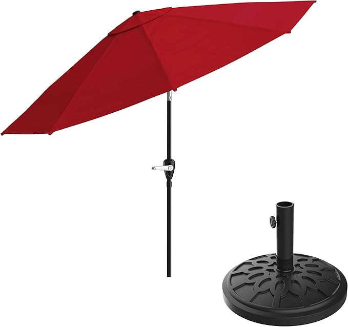 Pure Garden Patio Umbrella with Auto Tilt 10ft Easy Crank Sun Shade with 19lb Weighted Base for Deck, Outdoor Furniture, or Pool (Red)
