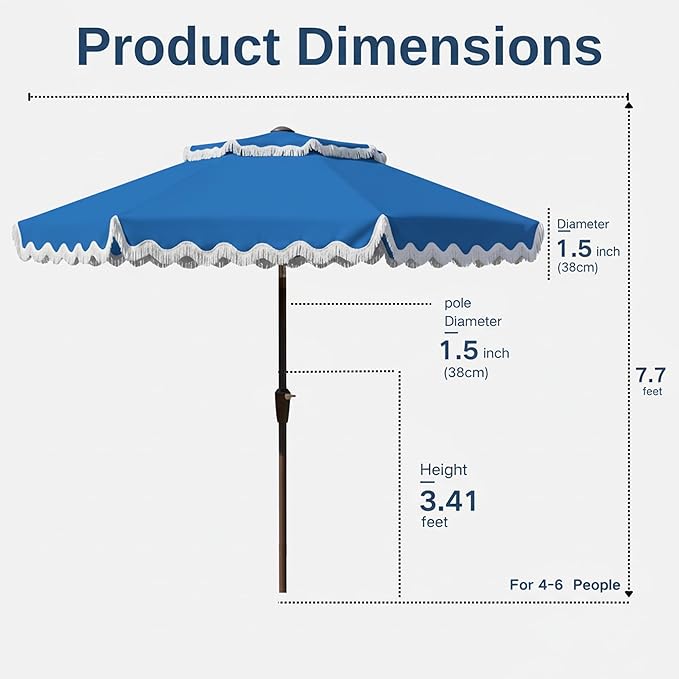 9FT Patio Umbrella with Fringe,Tassel Umbrella with Push-Button Tilt | UPF 50+ & Rust-Resistant Fiberglass Frame for Patio, Pool,Garden,Yard(Royal Blue)