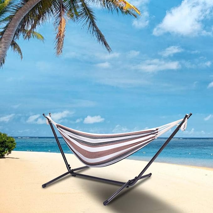 Portable Outdoor Polyester Hammock Set,Double Hammock with Steel Stand, Indoor Outdoor Brazilian-Style Cotton Bed, 2-Person Capacity Perfect for Indoor,Yard,Camping,or Outdoor,Black & Silver Flowers