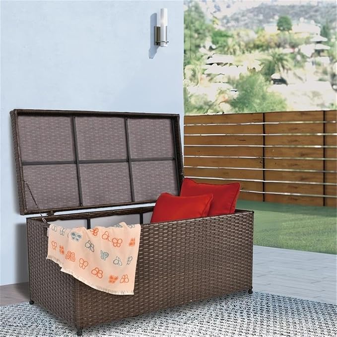 BOWERY HILL Wicker Patio Storage Deck Box, 40 x 20 x 20 in, Resin Wicker and Steel Frame, Espresso Finish, Hinged Lid with Chain Stopper, Handles for Portable Outdoor or Indoor Storage