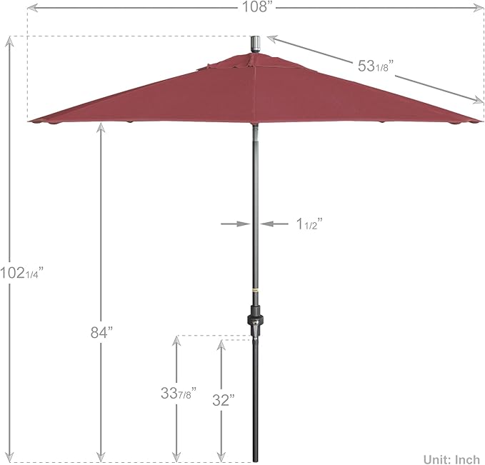 California Umbrella 9' Rd. Crank Lift, Collar Tilt, Aluminum Pole, Fiberglass Rib Patio Umbrella, Hammertone Grey Finish, Sunbrella Hot Pink