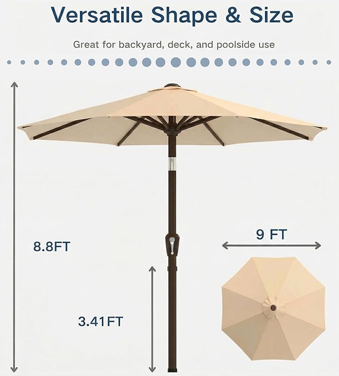 PatioKingdom Auto-Tilt 9FT Patio Umbrella Outdoor with 8 Sturdy Fiberglass Ribs,Market Table Umbrella for Pool,Backyard,Deck and Garden
