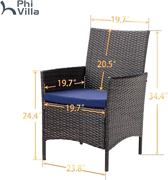 PHI VILLA Wicker Patio Dining Chairs Set of 6 with Removable Cushions | 6 Rattan dining chairs with thick removable seat cushions. Sturdy steel frame, easy assembly.