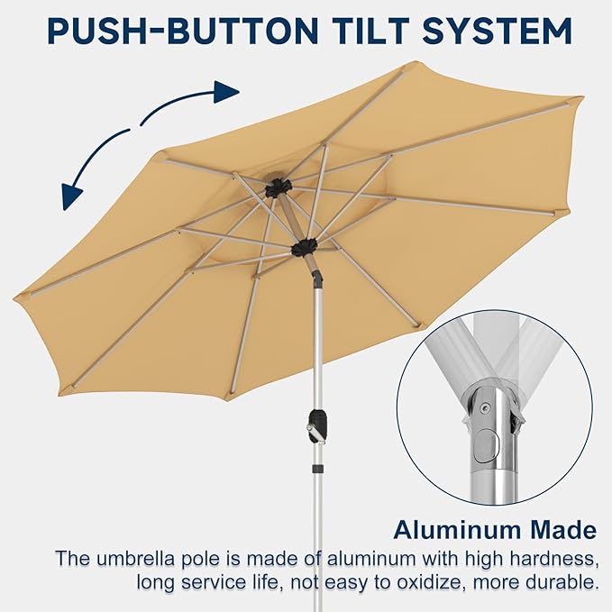 10FT 3-Tier Aluminum Outdoor Patio Umbrella, Fade-Resistant Market Umbrella with Push Button Tilt Function, 8 Sturdy All-Aluminum Ribs for Gardens, Patios, Backyards & Pools