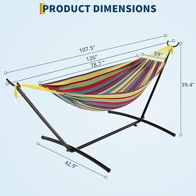 Portable Hammock with Stand - 450lbs Heavy Duty Camping Hammock, Adjustable Steel Frame, Poly-Cotton Fabric, Carry Bag Included, Yellow Rainbow Stripes