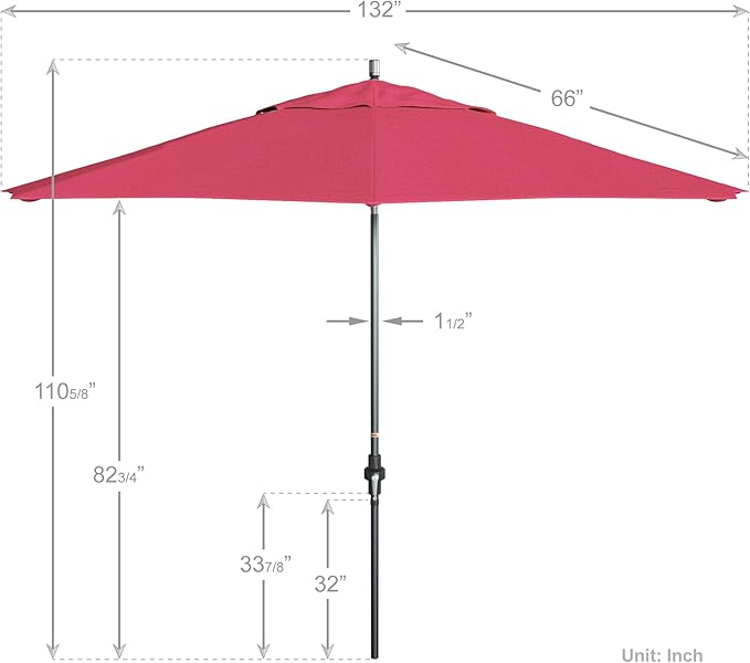 California Umbrella 11Ft Premium Sunbrella Patio Umbrella, Hand-Crank, Tilt-Collar, Gray Frame, Hot Pink Fabric