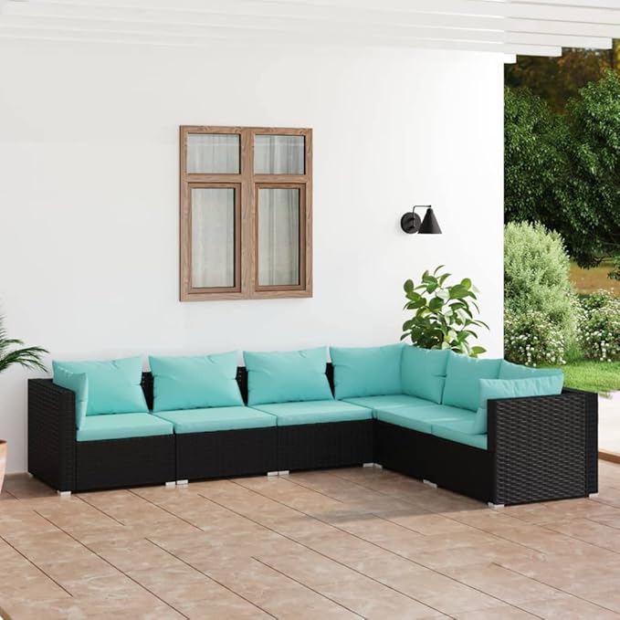 6 Piece Patio Lounge Set with Cushion, Patio Lounge Set Piece Patio Set Outdoor Patio Sectional Furniture Conversation Sets s Poly Rattan Black
