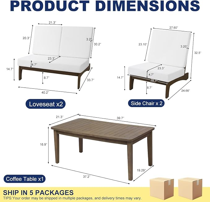 Pia Ricoo 4 Piece Patio Furniture Sets, Outdoor Loveseat Sofa Set with 2 Chairs & Coffee Table, Patio Conversation Set for Backyard, Deck, Lawn, Beige
