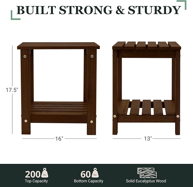 Premium 2-Tier Eucalyptus Wood Side Table with Slatted Storage Shelf, 13" x 16" x 17.5", Wooden Accent Table for Living Room, Entryway or Bedside (Brown)