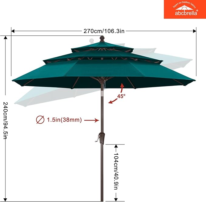 ABCCANOPY 5-Year 10-Year No Fading 9FT 3 Tiers Patio Umbrella, Outdoor Table Umbrella with 8 Sturdy Ribs for Deck, Backyard, Garden, Yard