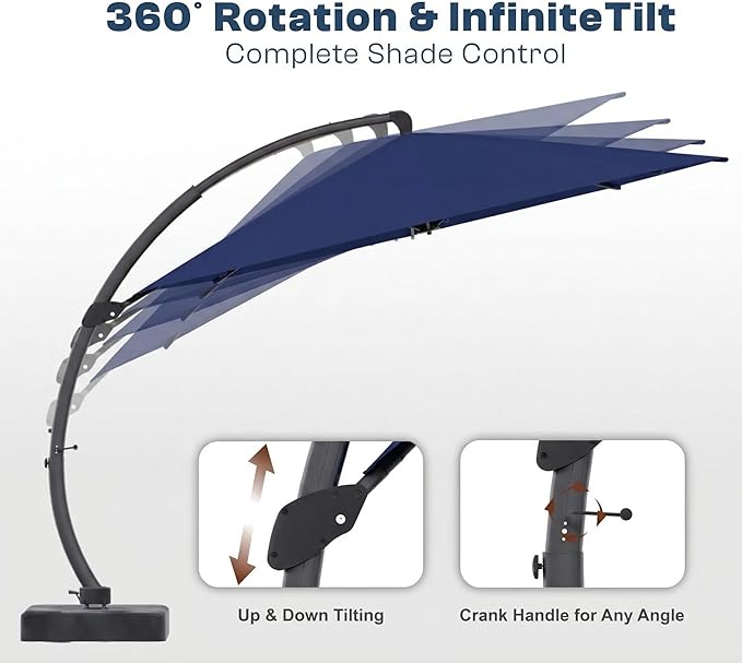 10*10 FT Cantilever Umbrella with Base Included, Large Square 360° Rotation Offset Umbrella Outdoor Patio, Heavy Duty Aluminum Frame, Sand-Weighted Stand, for Deck, Backyard, Pool, Garden (Navy Blue)