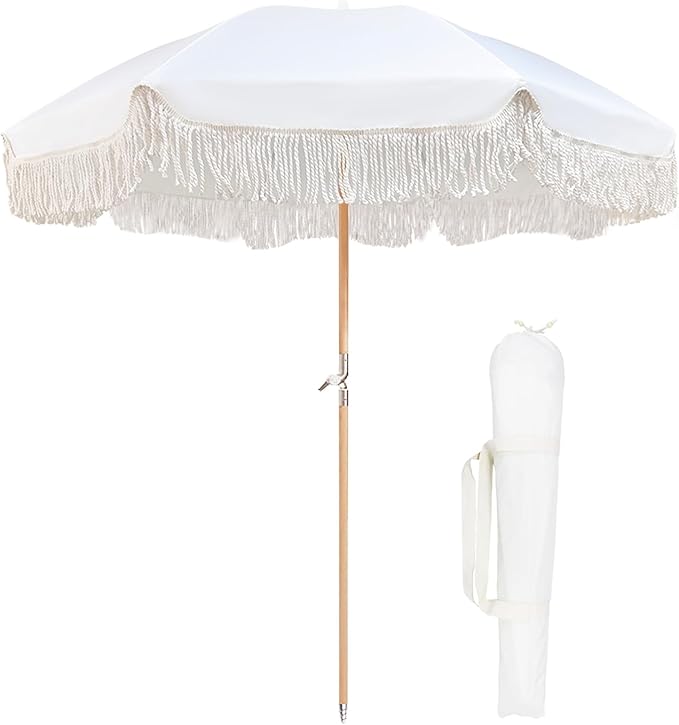 Lefedrasticity Boho Outdoor Umbrella with Tassels,6ft Table Umbrella Outdoor Patio with Knobs Tilt,Wind Resistant Portable Beach Umbrella UPF50+ Fringe Umbrellas For Pool Backyard Deck Garden