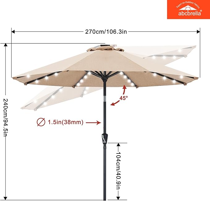 ABCCANOPY OLEFIN® 5-Year No Fading Patio Umbrella with Solar Lights (Lighe Beige)
