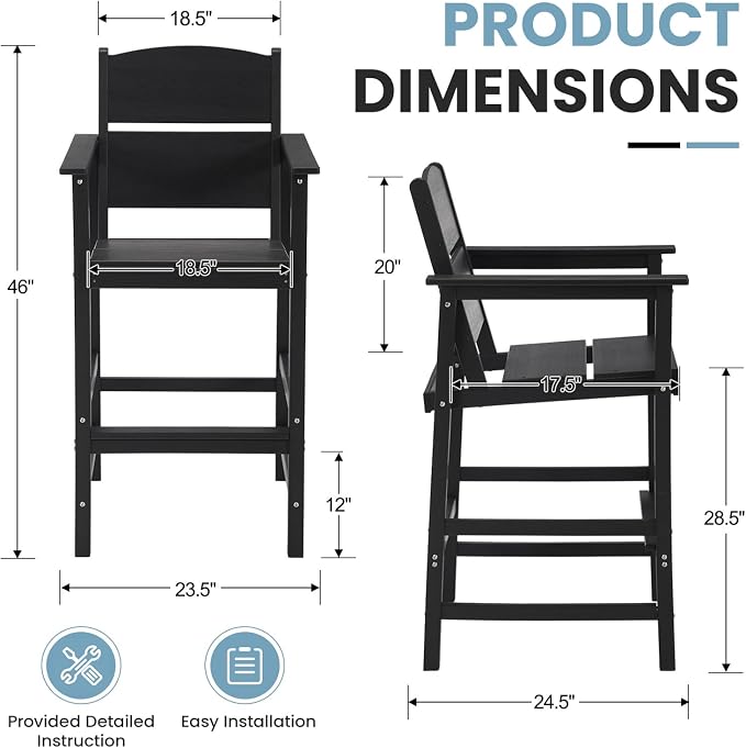 4 Pack HDPE Outdoor Bar Height Chairs, 28.5" All-Weather Patio Stools with Comfortable Armrests, Heavy-Duty Poly Wood High Top Seating for Outdoor Kitchen/Garden/Fire Pit/Backyard, Black