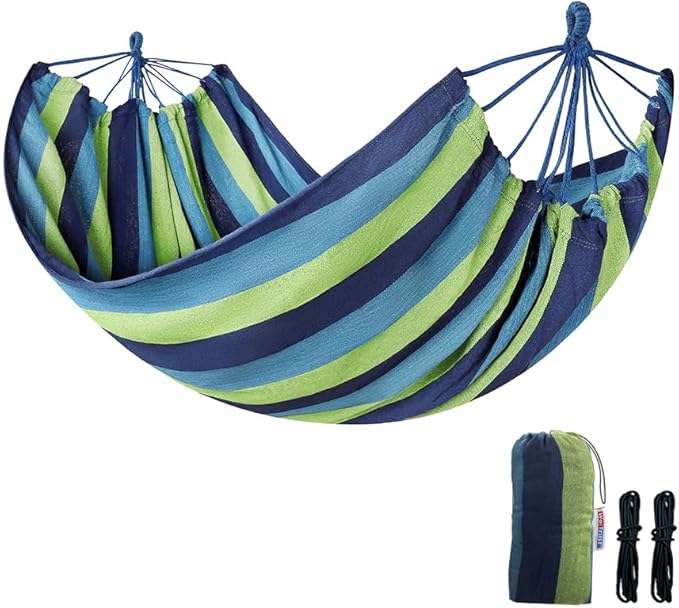 Cotton Canvas Hammock, Comfortable Fabric Camping Hammock with Tree Straps, Up to 440lbs with Travel Bag for Camping Outdoor/Indoor Patio Backyard(Blue&Green, Without bar)