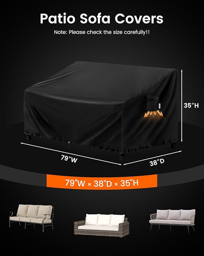 FORSPARK Patio Sofa Cover – Waterproof UV-Resistant Outdoor Couch Protector 79W x 38D x 35H inches for 3-Seat Loveseats, Tear-Resistant Oxford Fabric with Wind Straps & Storage Bag