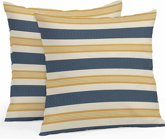 Vandarllin Outdoor Throw Pillows Covers 24x24 inch Set of 2 Waterproof Navy Blue Stripes Lines Decorative Zippered Cushion Covers for Patio Furniture, Yellow Classic Striped Lumbar Pillowcases
