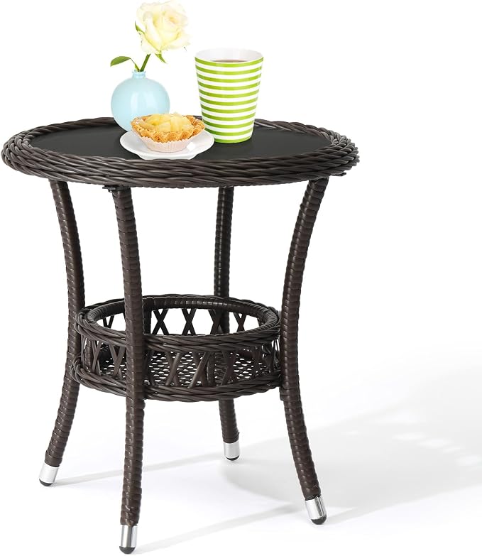 VINGLI Outdoor Wicker Side Table, Patio Side Tables for Outside Tempered Glass Top Wicker Table with Storage End Table for Balcony Porch Deck (Dark Brown)