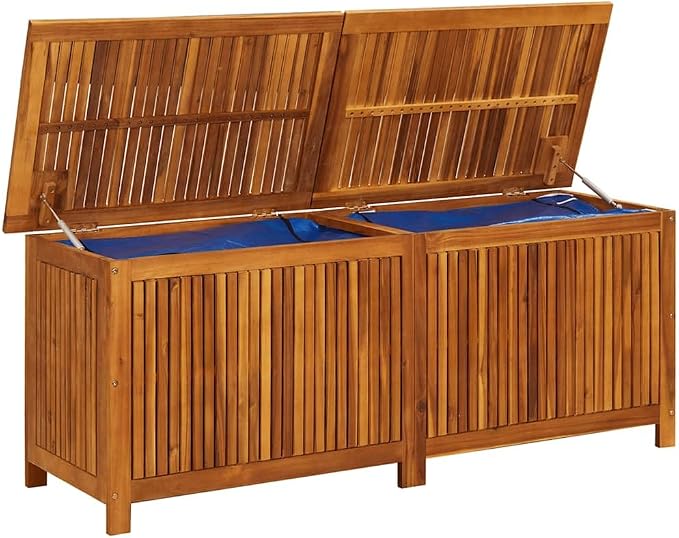 Outdoor Garden Storage Box, Solid Acacia Wood Deck Chest with Water-Resistant Bag, 59.1 inch Large Capacity Patio Organizer for Cushions, Blankets, and Pillows, Brown