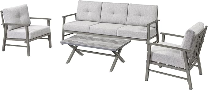 Aluminum Patio Sofa Set, 4 Piece Outdoor Patio Furniture Set with Thick Cushions, All Weather Outdoor Sectional Sofa Couch Sets for Deck, Lawn, Poolside, Backyard, Limed Oak