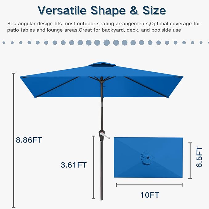 6.5'x10' Rectangular Patio Outdoor Umbrella,Large Coverage with Push-Button Tilt & UV Protection,Sturdy Ribs for Deck,Lawn,Pool,Backyard