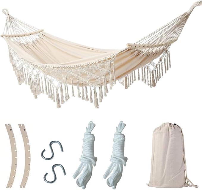 Double Macrame Hammock Swing Bed for 2 Person Beach Yard Bedroom Patio