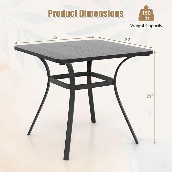 Giantex Patio Dining Table, 32”x32”x29” Outdoor Table, Heavy-Duty Metal Square Outside Table for 4 Persons, Patio Furniture for Backyard Garden Poolside