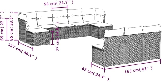 vidaXL Patio Sofa Set with Cushions 10 Piece, Outdoor Conversation Set, Patio Sectional Sofa for Balcony Garden, Modern Style, Gray Poly Rattan