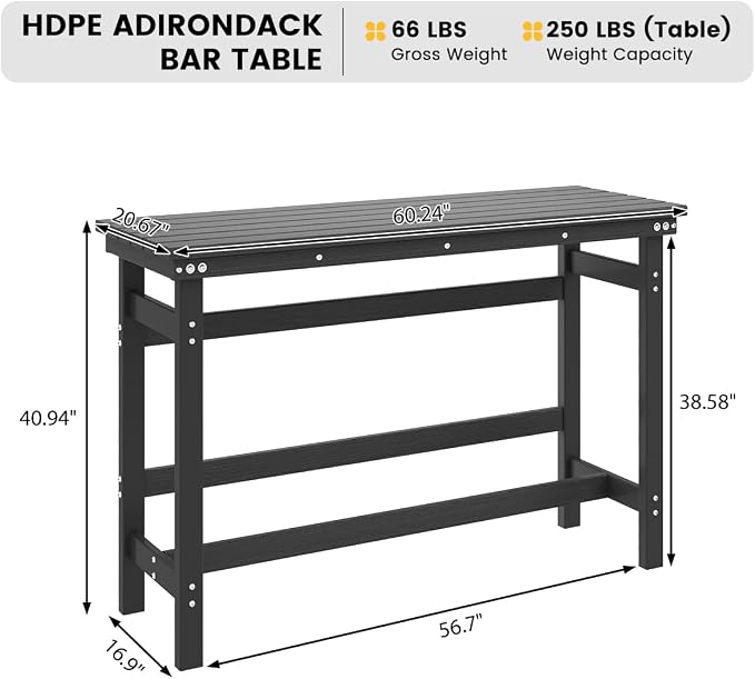 Sundale Outdoor Bar Table, 41 Inch Height Adirondack Rectangle Bar Table, All Weather Patio Bar Counter Height Table for Outside Backyard Balcony Poolside (Black)