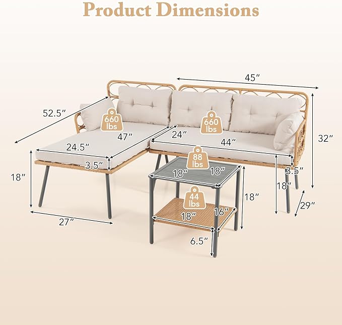 Tangkula 3 Pieces Corner Patio Furniture Set, PE Rattan L-Shaped Cushioned Sofa Set with Small Coffee Table, Outdoor Conversation Set for Garden, Backyard, Lawn, Porch (Off White)
