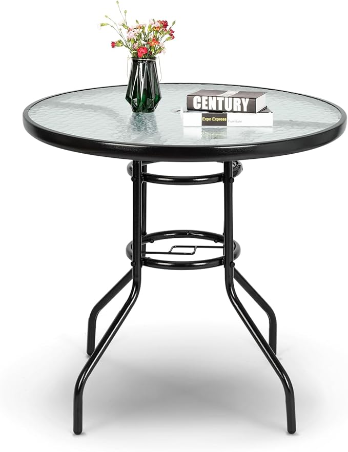 VINGLI Round Patio Table with Umbrella Hole, 32" Outdoor Dining Table Steel Tempered Glass Patio Tables Round Outdoor Tables for Balcony Garden Deck