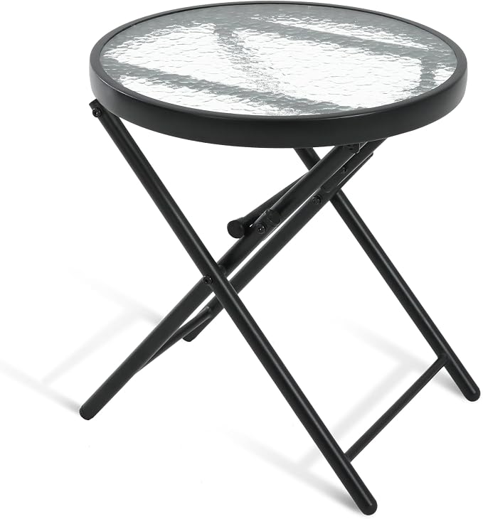 Folding Outdoor Side Table -Patio End Bistro Tables Portable Small 17.5" Round Tempered Glass Top Waterproof Dining Coffee Metal Black