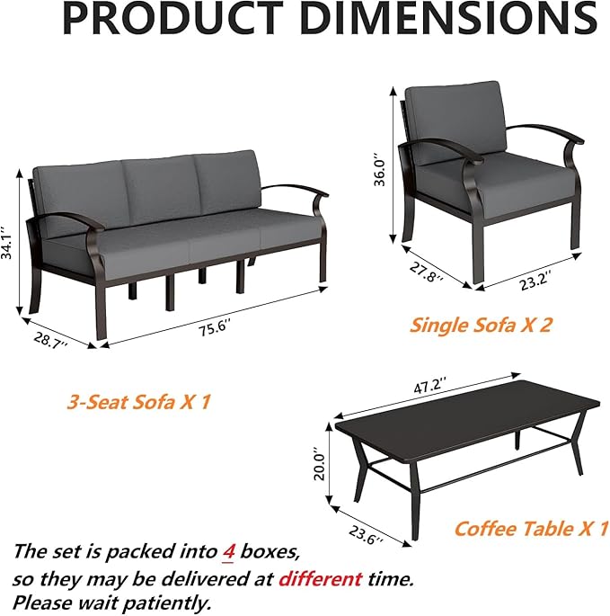 Gotland Aluminum Patio Furniture Set with Rectangular Coffee Table, Metal Patio Furniture with 5 Seats Waterproof 5.1'' Seat Cushions, Outdoor Sectional Patio Conversation Sets for Balcony Grey