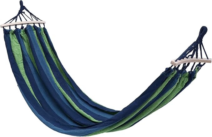 Striped Canvas Hammock Swing for Camping and Outdoor Travel, Single Widened 190x100cm Portable Hanging Garden Hammock with Curved Rod