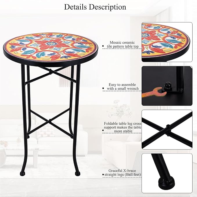 14 Inch Mosaic Patio Side Table with X-Straight Legs, Indoor Outdoor Accent Round End Table with Ceramic Tile Tops for Yard, Garden, Living Room, Bistro, A - Med. Floral Pattern