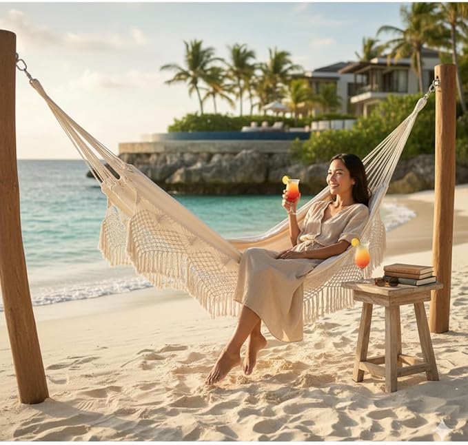 Macrame Double Hammock with Heart Motif, 79 x 59 in (200 x 150 cm) – 2-Person Boho Fabric Hammock, Ropes & 2 S-Hooks Included, Indoor/Outdoor Patio Porch Garden Beach Décor (Beige)