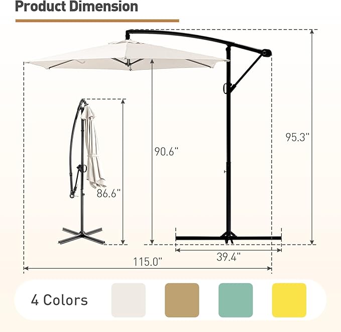 COSIEST Offset Patio Umbrella, Cantilever Hanging Outdoor Umbrella w/360-degree Rotation, Handy Crank, UV/Waterproof Canopy, 6 Ribs for Market, Backyard, Poolside, Garden