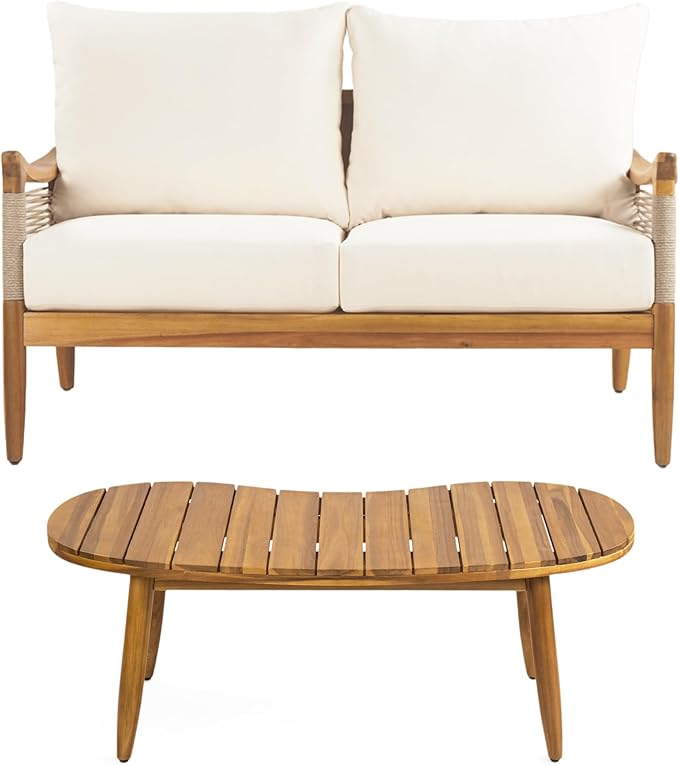 Christopher Knight Home Havets 2 Piece Patio Conversation Sets, Outdoor Acacia Wood Patio Seating Group,Woven Rope Loveseat with Cushions and Coffee Table for Porch Garden Backyard Balcony, Teak+Beige