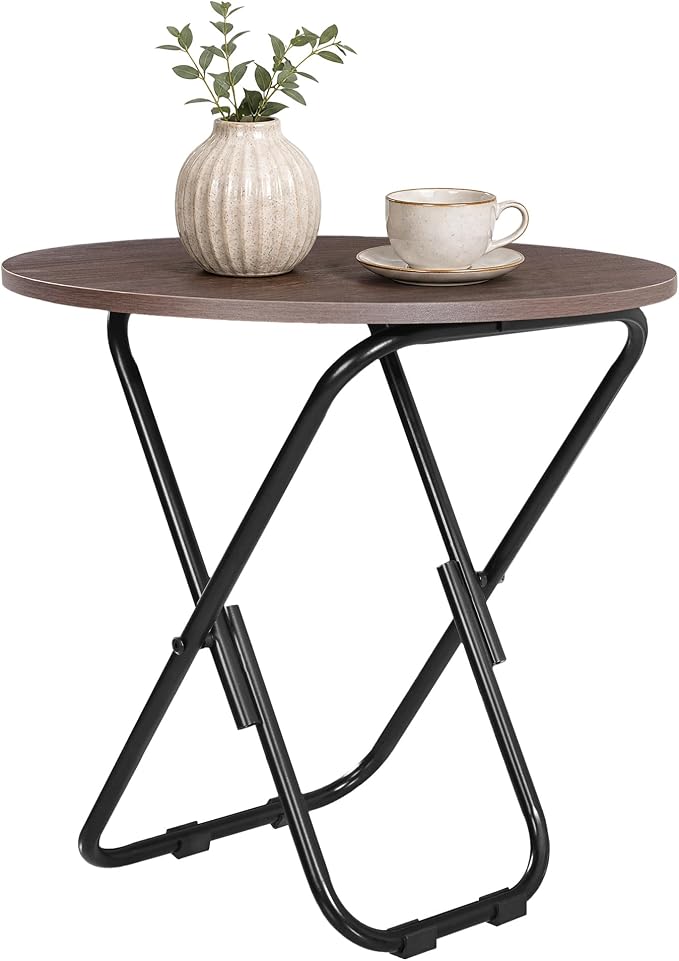 VECELO Patio Outdoor Side Table,17.7 inch Small Folding Table Round Waterproof Wood Table, Foldable Anti-Rust Metal Legs Snack Desk for Garden Balcony,Yard,Living Room