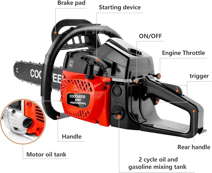 COOCHEER 62CC Gas Chainsaw, 20 Inch Professional Chainsaw with 3.5HP 2-Cycle Engine & Carrying Case, Quick Start System for Tree Cutting, Firewood, Yard Work (Orange Red)