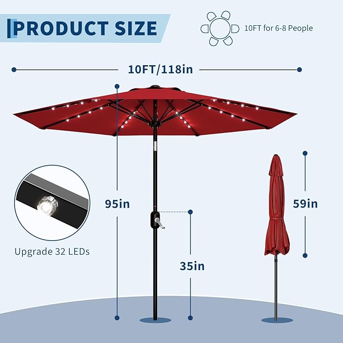 10 ft Patio Umbrella with Solar Lights, Outdoor LED Lighted Umbrella, 40 LED Lights & Tilt Crank, 8 Ribs for Poolside, Deck, Backyard